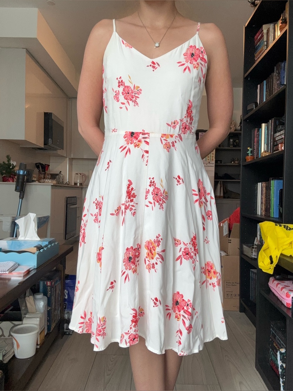 Gap White Floral A-Line Sundress with Pink Flower Print